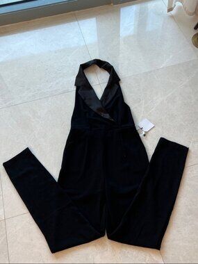 By the Way Black Halter Tuxedo Jumpsuit NWT Medium Satin Shawl Lapel Night Out